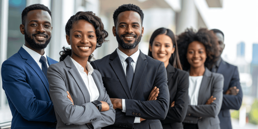Diverse group of business professionals in formal attire standing with arms crossed inside a modern office environment.