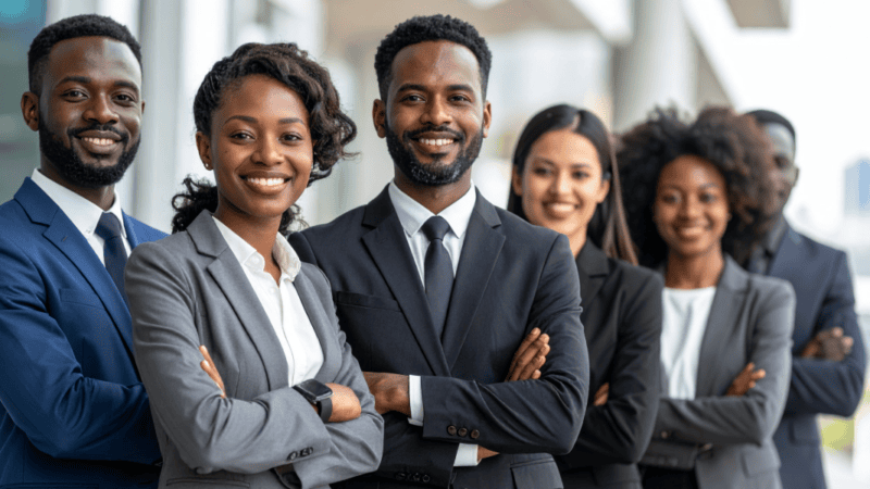 Diverse group of business professionals in formal attire standing with arms crossed inside a modern office environment.