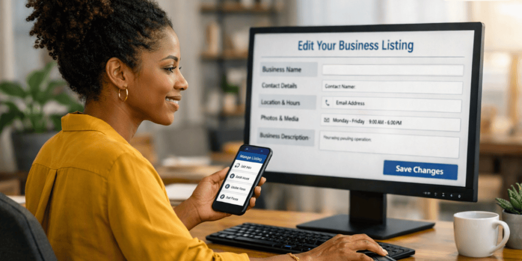 Black business owner updating business listing information on computer and phone dashboard.
