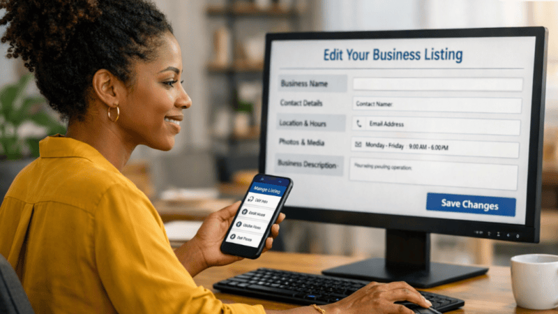 Black business owner updating business listing information on computer and phone dashboard.