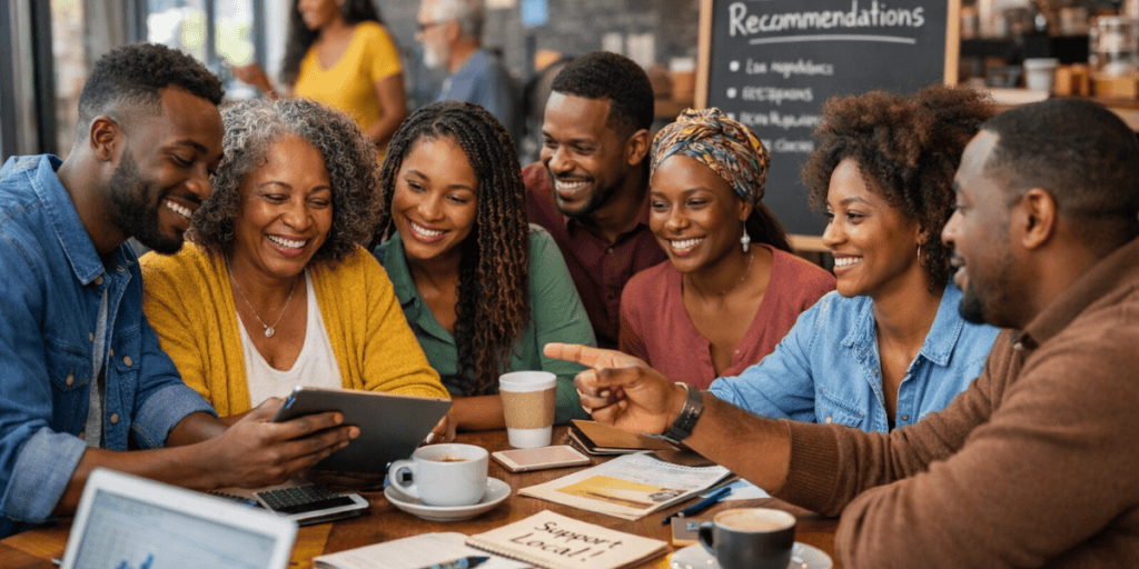 Diverse community members collaborating around a table, sharing business recommendations and supporting local entrepreneurs.