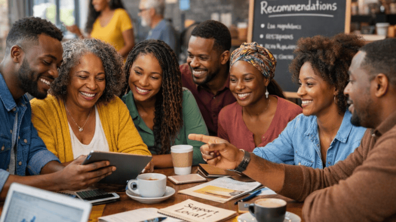 Diverse community members collaborating around a table, sharing business recommendations and supporting local entrepreneurs.