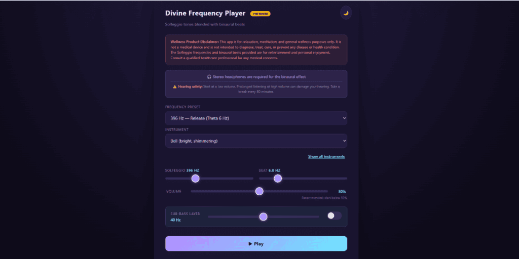 Divine Frequency Player interface showing Solfeggio presets and instrument controls
