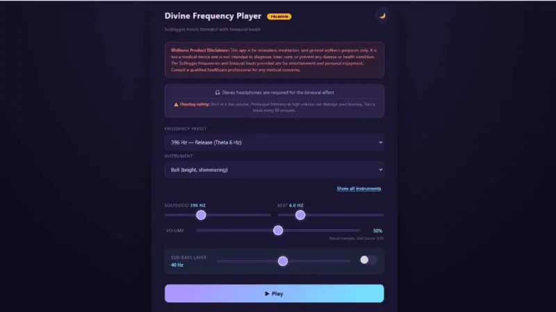 Divine Frequency Player interface showing Solfeggio presets and instrument controls