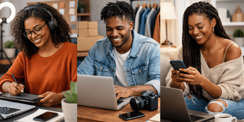 Young Black entrepreneurs working on laptops, tablets, and smartphones in home offices and creative spaces, representing online business ownership and digital entrepreneurship.