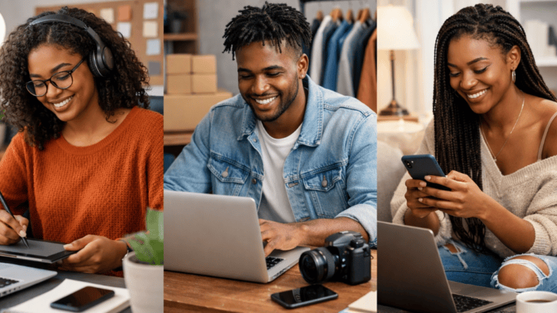 Young Black entrepreneurs working on laptops, tablets, and smartphones in home offices and creative spaces, representing online business ownership and digital entrepreneurship.