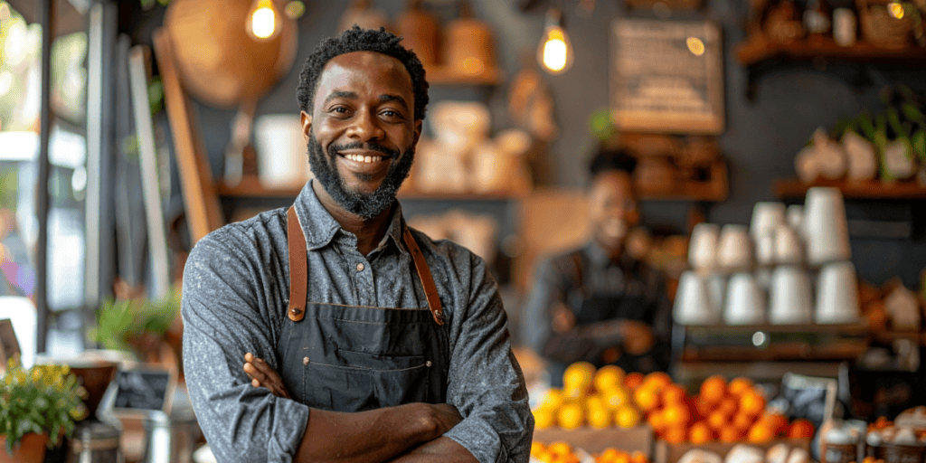 Person wearing a dark apron standing in a warm, rustic café with shelves of plants, jars, and a counter filled with oranges and lemons.