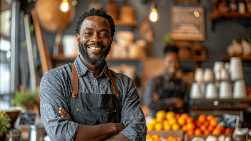 Person wearing a dark apron standing in a warm, rustic café with shelves of plants, jars, and a counter filled with oranges and lemons.