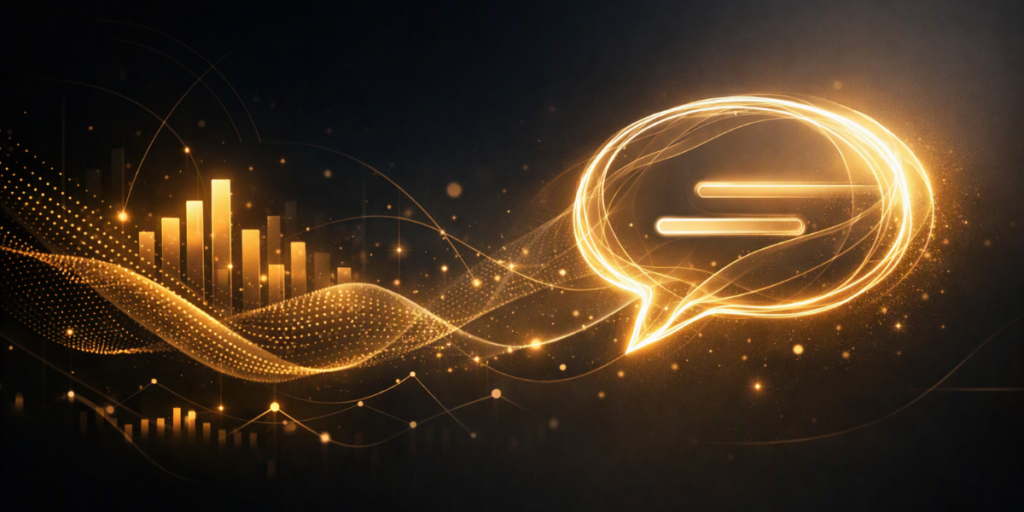 Abstract dark-themed fintech illustration with golden data waves, glowing geometric patterns, and a bright conversational bubble symbolizing AI financial guidance.