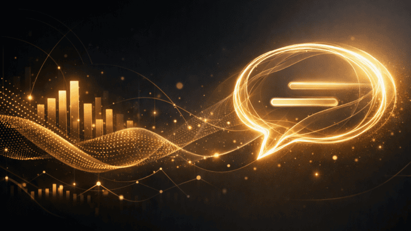 Abstract dark-themed fintech illustration with golden data waves, glowing geometric patterns, and a bright conversational bubble symbolizing AI financial guidance.