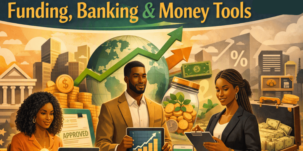 Funding, Banking & Money Tools banner featuring diverse entrepreneurs and financial growth symbols
