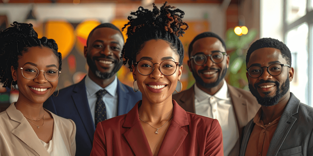Black business professionals standing together in a modern office environment.