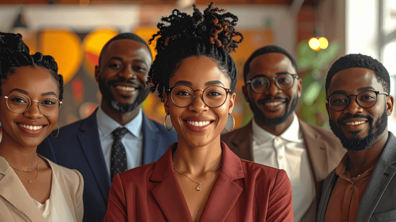 Black business professionals standing together in a modern office environment.