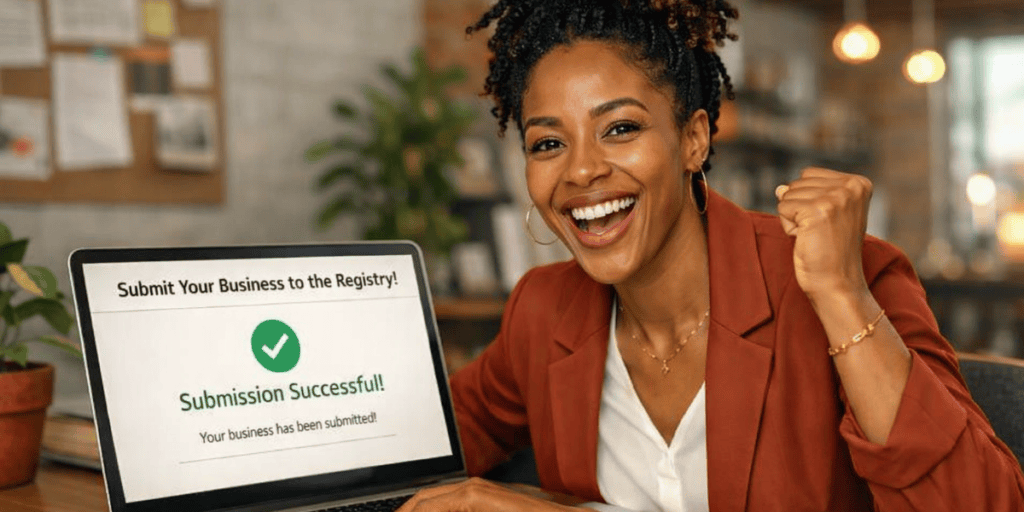 Excited Black business owner celebrating successful Registry submission.