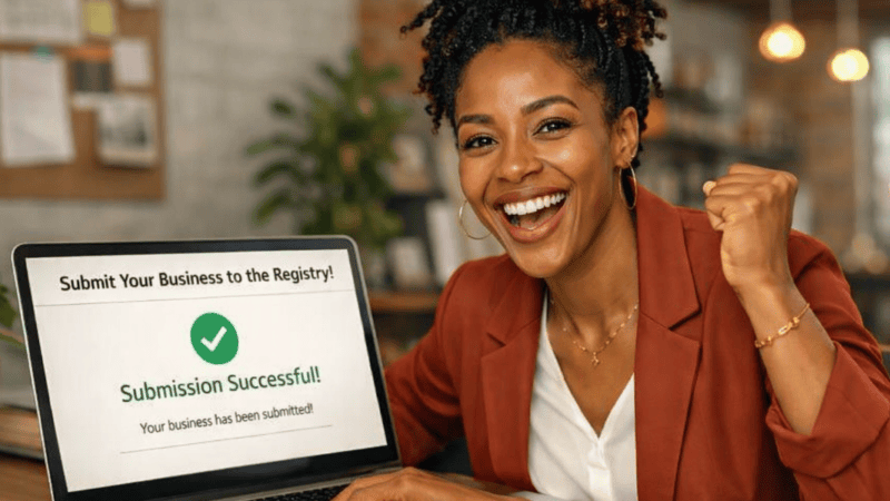 Excited Black business owner celebrating successful Registry submission.