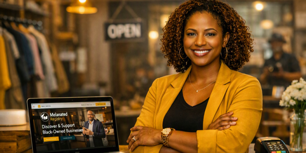 Confident Black business owner standing at their store counter with a laptop displaying the Melanated Registry, representing business growth, visibility, and success.