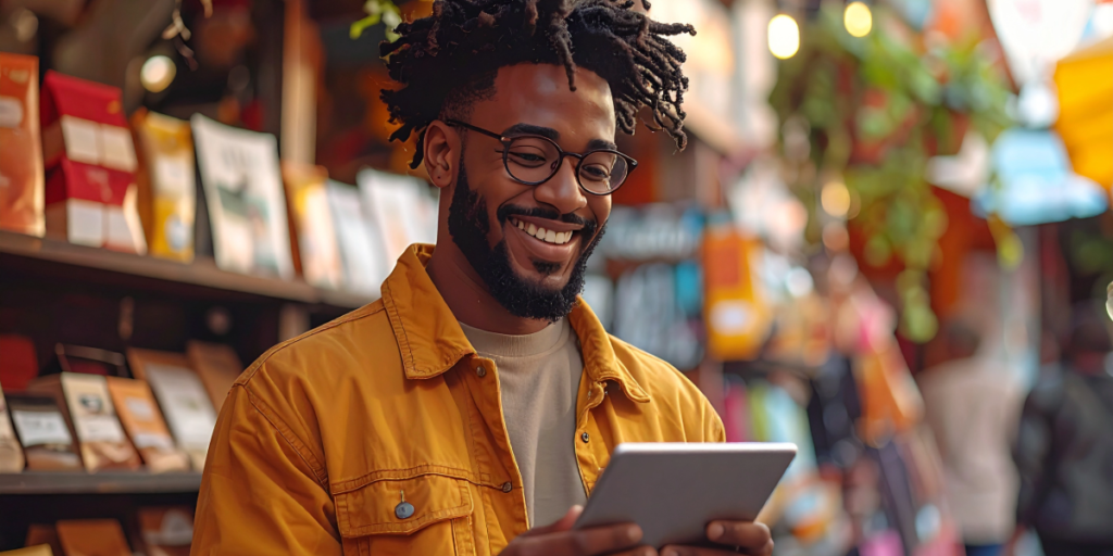 Black entrepreneur wearing a mustard-yellow jacket and glasses, standing outdoors in a lively market area while using a tablet device, representing digital engagement and modern business activity.