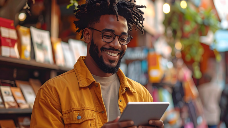 Black entrepreneur wearing a mustard-yellow jacket and glasses, standing outdoors in a lively market area while using a tablet device, representing digital engagement and modern business activity.