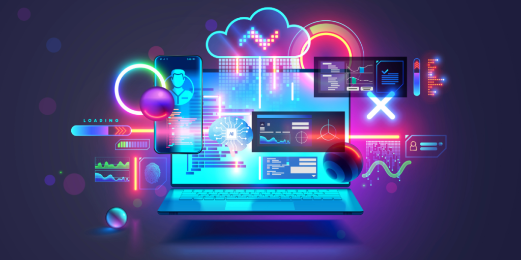 Futuristic digital illustration showing a laptop surrounded by holographic screens, charts, and glowing AI elements representing technology, data visualization, and artificial intelligence integration.