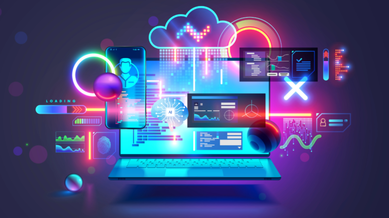Futuristic digital illustration showing a laptop surrounded by holographic screens, charts, and glowing AI elements representing technology, data visualization, and artificial intelligence integration.