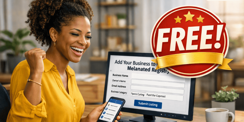 Cheerful business owner adding business to the Melanated Registry with a “FREE” badge overlay.