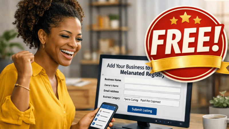 Cheerful business owner adding business to the Melanated Registry with a “FREE” badge overlay.