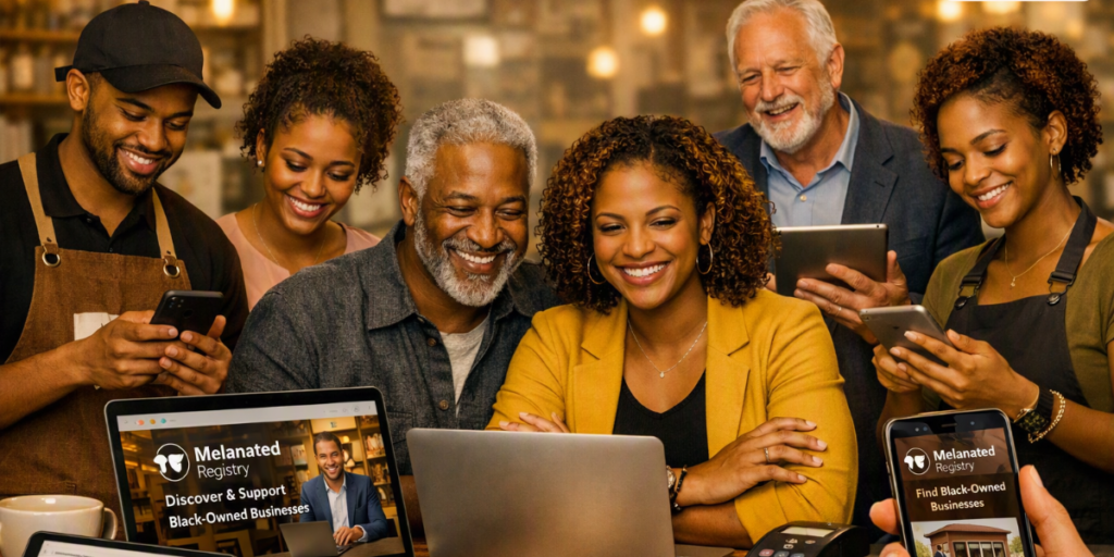 Diverse group of customers and business owners using phones, tablets, and laptops to access the Melanated Registry, representing free and universal access.