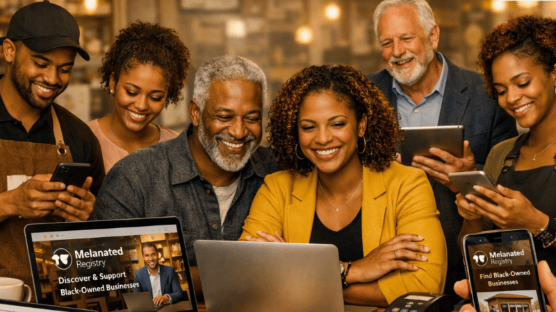 Diverse group of customers and business owners using phones, tablets, and laptops to access the Melanated Registry, representing free and universal access.
