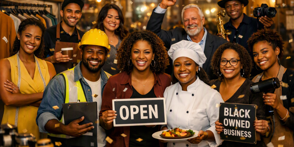 Diverse Black entrepreneurs across industries—fashion, food, construction, technology, and creative arts—celebrating business ownership and community representation.