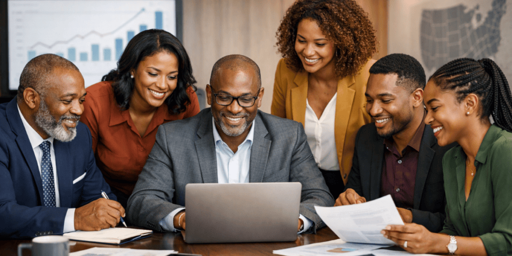 Black business registry leadership team collaborating in a modern office setting with laptops and documents.