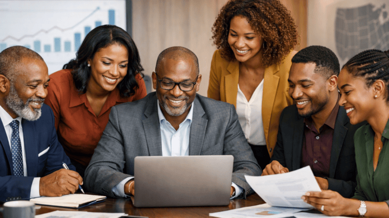 Black business registry leadership team collaborating in a modern office setting with laptops and documents.