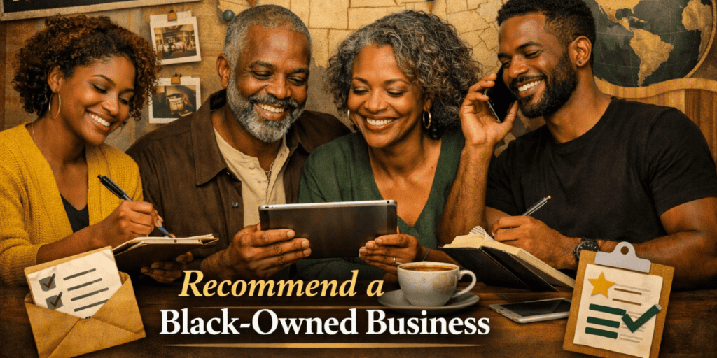 Recommend a Black‑Owned Business – Community Collaboration Banner
Alt Text: Diverse community members collaborating and recommending Black‑owned businesses, symbolizing collective support and empowerment.