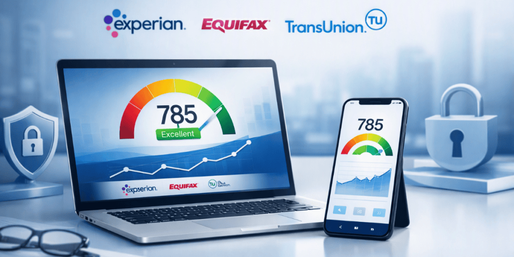 Modern financial dashboard showing credit score interface with Experian, Equifax, and TransUnion icons, symbolizing SmartCredit’s 3‑bureau monitoring and identity protection.