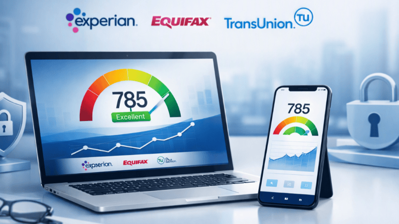 Modern financial dashboard showing credit score interface with Experian, Equifax, and TransUnion icons, symbolizing SmartCredit’s 3‑bureau monitoring and identity protection.