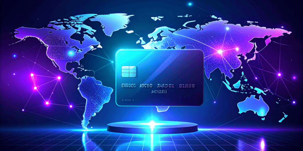 A futuristic 3D graphic showing a glowing blue credit card and digital crypto coins floating above a neon-connected world map, representing UQPAY's global fiat and stablecoin payment infrastructure.