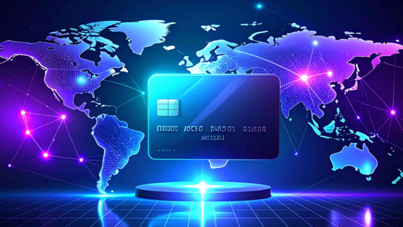 A futuristic 3D graphic showing a glowing blue credit card and digital crypto coins floating above a neon-connected world map, representing UQPAY's global fiat and stablecoin payment infrastructure.