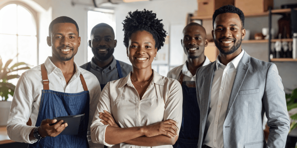 A group of Black entrepreneurs representing technology, retail, service, and creative industries standing together in a professional setting.