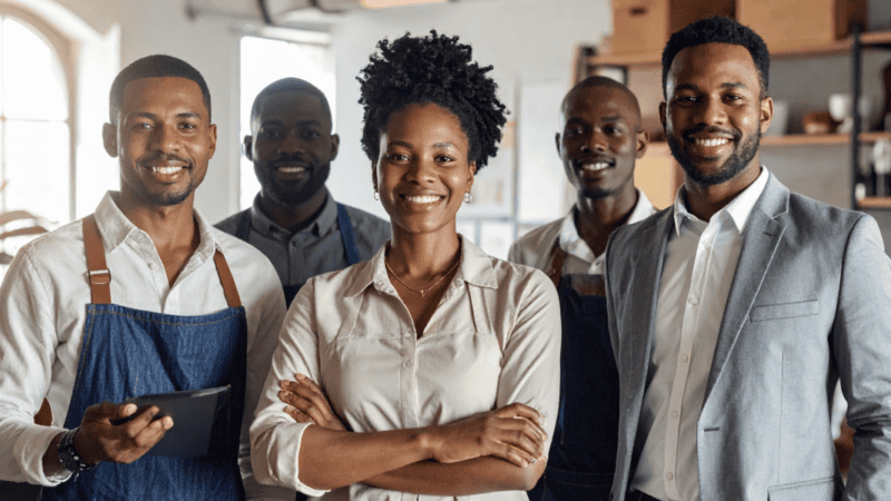 A group of Black entrepreneurs representing technology, retail, service, and creative industries standing together in a professional setting.