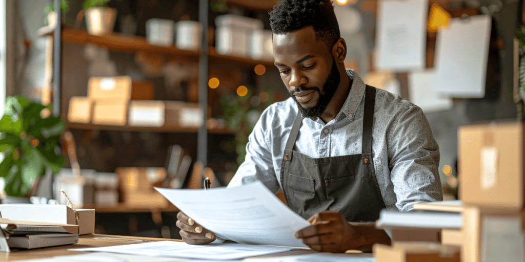 Black business owner reviewing documents and organizing business information.