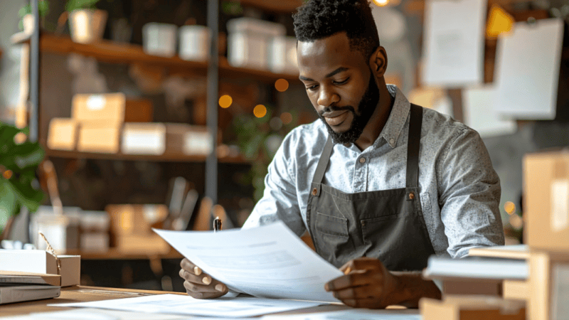 Black business owner reviewing documents and organizing business information.