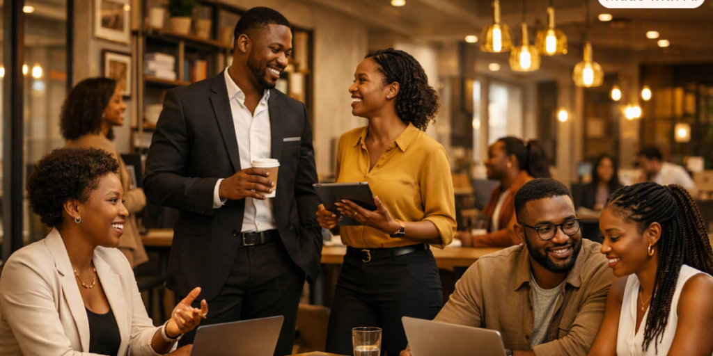 A diverse group of Black business owners networking in a modern community space, showcasing collaboration and community empowerment.