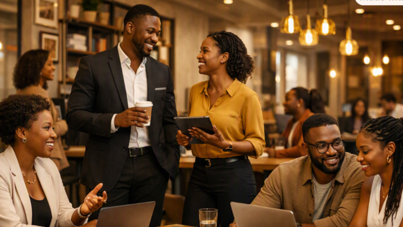 A diverse group of Black business owners networking in a modern community space, showcasing collaboration and community empowerment.