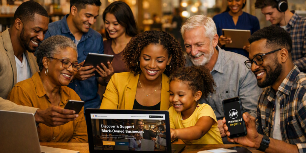 Diverse group of community members—entrepreneurs, customers, families, and professionals—using phones, tablets, and laptops to explore the Melanated Registry, representing inclusive access.