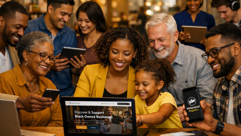Diverse group of community members—entrepreneurs, customers, families, and professionals—using phones, tablets, and laptops to explore the Melanated Registry, representing inclusive access.