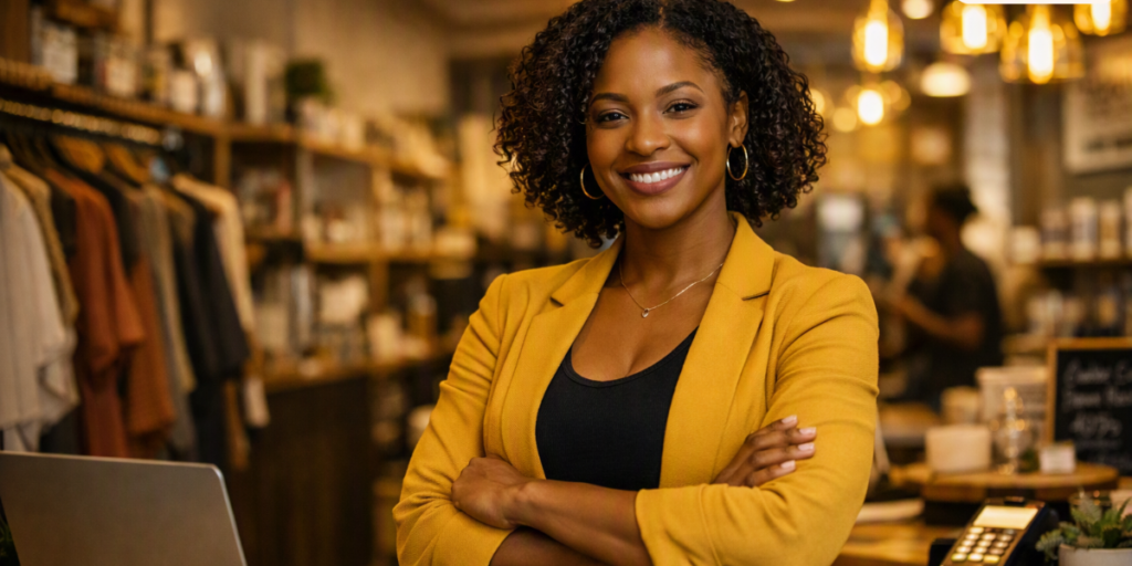 Black business owner standing proudly in their storefront, representing visibility, opportunity, and successful Black entrepreneurship.