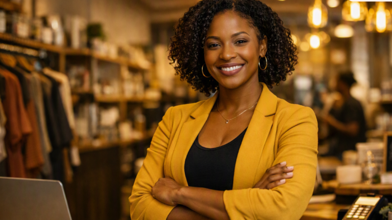 Black business owner standing proudly in their storefront, representing visibility, opportunity, and successful Black entrepreneurship.
